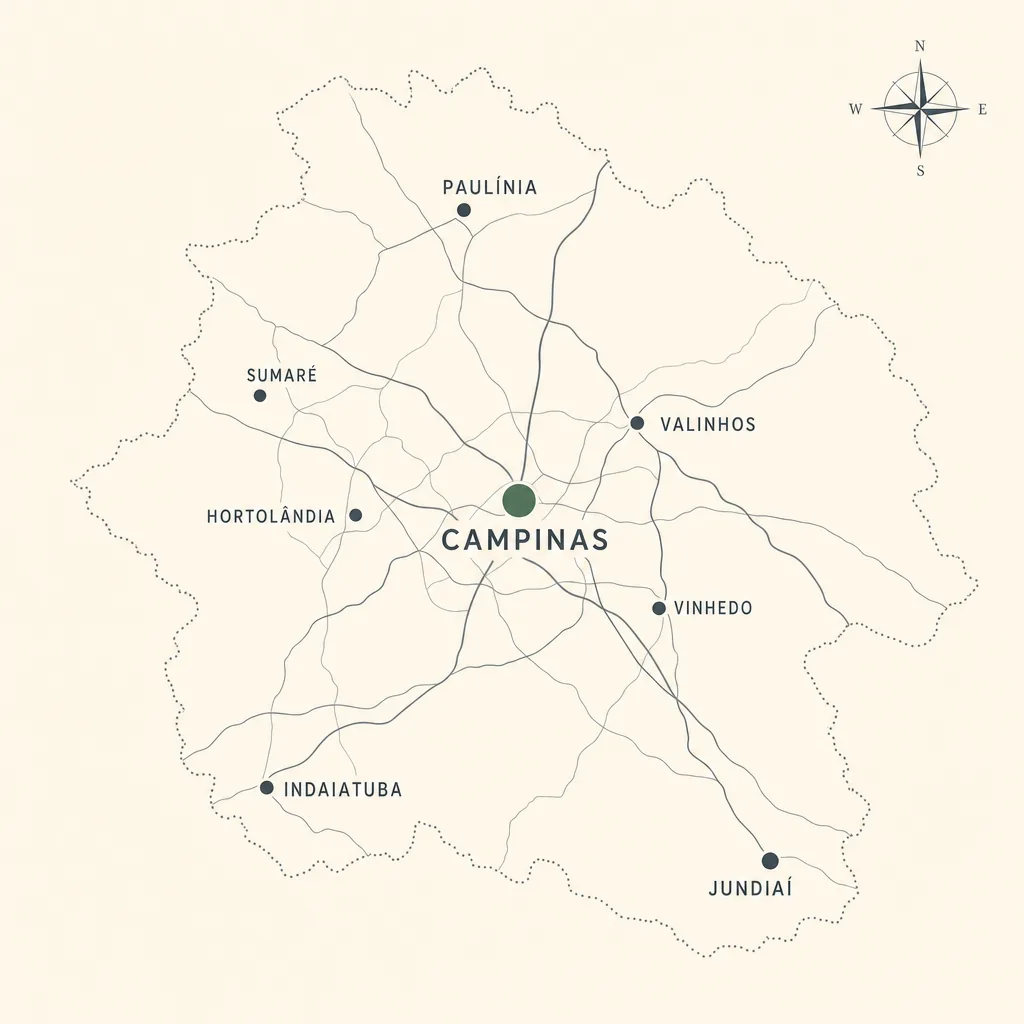 Mapa ilustrado da região metropolitana de Campinas com as cidades atendidas: Campinas, Valinhos, Vinhedo, Hortolândia, Indaiatuba, Paulínia, Sumaré e Jundiaí